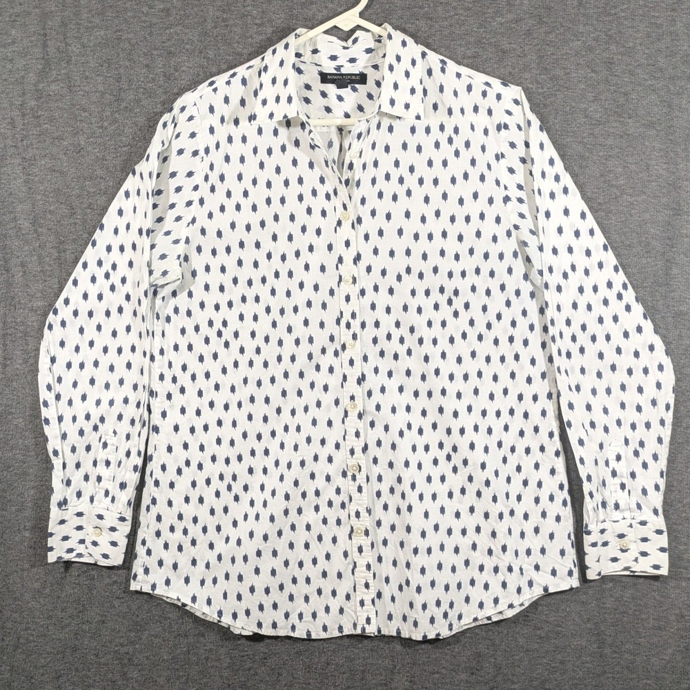 Banana Republic Soft Wash White Navy Blue Ikat Diamond Button Up Shirt Sz Large